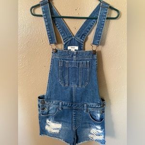 Forever 21 Ripped Denim Short Overalls, Medium Wash, size US 30